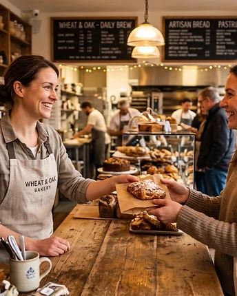 Shop owner handing a pastry to a customer